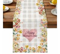 Mother's Day Table Runner, Yellow Tulip Floral Rustic Love Heart Gray Plaid Cotton and Table Linen Runner for Kitchen Dining Home Decor for Party Festival Holiday Decoration Gift 13x72in