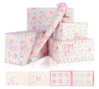 Mother's Day Wrapping Paper, 6 Sheets Folded Happy Pink Floral Wrapping Paper with Greeting Card and Sticker Floral Tulip Gift Wrap Paper for Mother's Day, Thanksgiving, Anniversary - 20 x 28 Inch