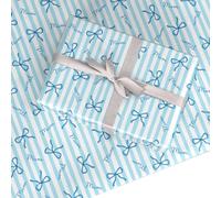 Mothers Day Wrapping Paper Blue Bow Mum Stripe - Premium Stylish Gift Wrap for Mum, Elegant Blue and White Striped Present Paper, Recyclable FSC Plastic Free - Dyefor - 6 Sheets (50x70cm)