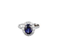 Mothers Ring, Wedding Band Unique Classic Flower 4 Prong Oval Lab Sapphire 2.6Ct with Round Moissanite 18K White Gold Size P 1/2