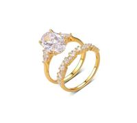 Mothers Ring, Yellow Gold Ring Real 14K 2 Ring Set with Oval Shape 4.5ct Moissanite Size H 1/2