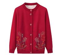 Mother'S Winter Clothes Sweater Cardigan - Chunky Warm Middle-Aged Elderly Grandma Cashmere Knitted Top, Classic Women'S Embroidered Fleece Old Lady Knitwear Jacket Coat,Red,4Xl