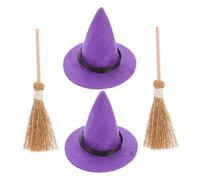 MOTHNUR 2 Sets Mini Halloween Witch Hats and Brooms DIY Tiny Craft Ornaments for Dollhouse Scene Layout Purple Witch Hat and Natural Straw Broom Accessories for Creative Halloween