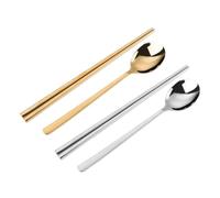 MOTHNUR 2 Sets Stainless Steel Korean Cutlery Square Spoon and Long Hollow Chopsticks in Gold and Silver Mixed Cutlery for Dinner Parties Weddings Comfortable Thickened Handle Design