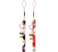 MOTHNUR 2pcs Bell Phone Hanging Charms with Ceramic Lucky Cat Design for Mobile Phones and Id Cards in Black Red for Casual Wear
