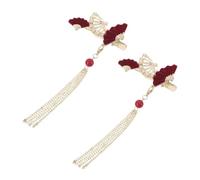 MOTHNUR 2pcs Red Flocked Pearl Tassel Hair Clips for Women Secure Side Bangs and Forehead Hair Elegant Chinese Style for Hanfu Weddings Parties Bridesmaids