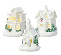 MOTHNUR 3 Pcs Miniature Christmas Village Houses with LED Lights Resin Tabletop Xmas Decorations for Home and Office Festive Winter Display Ornaments for Holiday Celebration