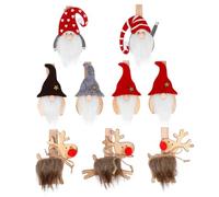 MOTHNUR 9 Pcs Festive Wooden Photo Clips with Cartoon Forest Elder Faceless Figures Reindeer Colorful Red Green Decor Clips for Christmas Tree Embellishment and Home Decoration