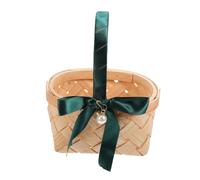 MOTHNUR Oval Woven Storage Basket with Handle Small 19X15X10Cm Rustic Wood Panel Fruit Basket with Green Ribbon Wedding Favor and for Home Organization