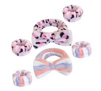 MOTHNUR Plush Face Wash Headband and Wrist Cuff Set 6pcs Soft Absorbent Spa Makeup Skincare Accessories for Women Girls with Tie-dye Leopard Pink and Blue Red Stripe Patterns