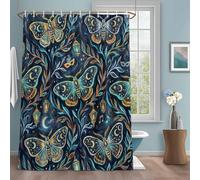 Moths Shower Curtain with 12 Hooks Abstract Retro Blue Green Moon Moth Stars Light Leaf Blue Waterproof Fabric Shower Curtains Sets for Bathroom Bath Decorations, Machine Washable, 48"x72"