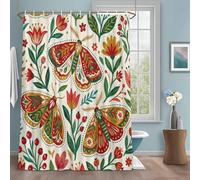 Moths Shower Curtain with 12 Hooks Abstract Retro Red Green Flowers Moth Berry Leaf Beige Waterproof Fabric Shower Curtains Sets for Bathroom Bath Decorations, Machine Washable, 72"x84"
