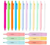 MOTIBACK 12 Ballpoint Pens 6 Desk Highlighters Set, Colorful Biro Pens with Quick-Dry Ink, Pastel Pens Multipack for Writing, Note Taking, Journaling, School Office Supplies