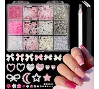 MOTIBACK 12 Grid Pearl Nail Charms,3D Nail Decorations Pink Bow Acrylic Flowers Flatback Pearls Gems Rhinestones Supplies for Women DIY Christmas Makeup
