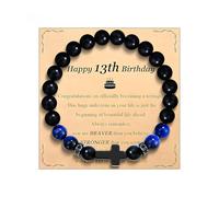 MOTIBACK 13th Birthday Gift - Blue Tiger Eye Black Frosted Cross Beaded Bracelet with Card, Thoughtful Birthday Presents for Boys,Son, Grandson, Brother & Friends Unique Meaningful Gifts