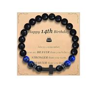 MOTIBACK 14th Birthday Gift for Men - Blue Tiger Eye Black Frosted Cross Beaded Bracelet with Card, Thoughtful Birthday Presents for Boys,Son, Grandson, Brother & Friends Unique Meaningful Gifts