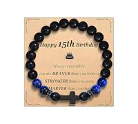 MOTIBACK 15th Birthday Gift for Men - Blue Tiger Eye Black Frosted Cross Beaded Bracelet with Card, Thoughtful Birthday Presents for Boys,Son, Grandson, Brother & Friends Unique Meaningful Gifts