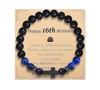 MOTIBACK 16th Birthday Gift for Men - Blue Tiger Eye Black Frosted Cross Beaded Bracelet with Card, Thoughtful Birthday Presents for Boys,Son, Grandson, Brother & Friends Unique Meaningful Gifts