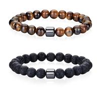 MOTIBACK 2Pcs Mens Beaded Bracelet, 8mm Adjustable Tigers Eye & Lava Stone Bracelet Set, Bring Luck and Happiness, Natural Stone Mens Jewellery Gift for Festival, Boyfriend Father Brother Unisex