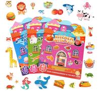 MOTIBACK 3 Pack Reusable Castle Sticker Books with Jelly Material for Kids, Cute Waterproof Animal, Ocean & Kitchen Themes Stickers, Portable Travel Toys and Educational Sensory Learning Toys