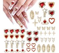 MOTIBACK 40pcs Gold Nail Charms Set with Gold Cross , Hearts, Rose, and Virgin Mary - Y2K 3D Chrome Nail Decorations Craft Manicure Supplies DIY Craft Accessories for Women