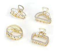 MOTIBACK 4PCS Pearl Metal Hair Clips for Women - Small Gold Claw Clips with Shiny Diamond Pearls, Strong Hold Mini Hair Clips for Fine & Thick Hair (Elegant Hair Accessories Set)