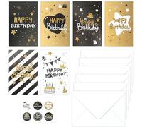 MOTIBACK 6PCS Birthday Cards with Envelopes - Elegant DIY Black Gold Stripe Design Greeting Card, Recycled Paper Handmade Cards for Women, Mom, Daughter & Sister (Assorted Designs)
