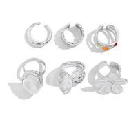 MOTIBACK 6PCS Chunky Knuckle Silver Rings Set - Statement Stacking Rings with Crystals, Liquid Lava Flower Open Ring Non-Tarnish Adjustable Silver Jewelry for Women