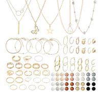 MOTIBACK 92Pcs Gold Jewellery Sets for Women, 5 Necklaces 60 Earrings 5 Bracelets 22 Rings, Layered Jewelry Set for Daily Prom Festival Birthday Anniversary