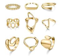 MOTIBACK 9PCS Open Adjustable Gold Rings Set - 9 Shapes Knuckle Ring Statement Stacking Rings, Open Ring Non-Tarnish Adjustable Jewelry for Women
