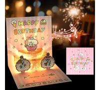 MOTIBACK Birthday Card, 3D Pop Up Cake Card - Handmade Pet Doodle Design with Musical & Glowing Features, Happy Birthday Card for Women, Men, Kids (Includes Envelope) (Pink)