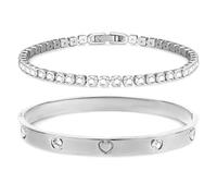 MOTIBACK Bracelet 2pcs Set - Crystal Zircon Bangle Cuff & Cubic Zirconia Tennis Bracelet, Elegant Layered Dainty Chain Jewelry Gift Set for Women