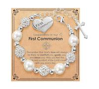 MOTIBACK Cross Bracelet for Girls - Adjustable First Holy Communion Gift White Pearl & Heart Jewelry with Card for Christening Easter Confirmation Birthday Wedding Christmas
