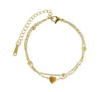 MOTIBACK Gold Double-Layered Heart Bracelet, Two-Tone Chains + Heart Pendant, Adjustable Length (6.29in + 2.16in Extender), Elegant Jewelry for Daughter, Sisters, Girlfriend