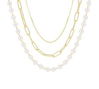 MOTIBACK Gold Pearl Necklace Set - 3pcs Layered Necklaces for Women Including White Pearl, Paperclip and Gold Chain Necklaces, Non-Tarnish Gold Jewelry Set