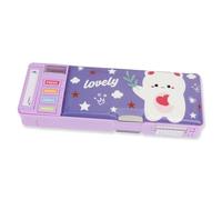 MOTIBACK Interactive Pencil Case with Calendar and Sharpener, Dual Compartment Organiser with Timetable Slot, Cute School Supplies for Kids and Students, Bear