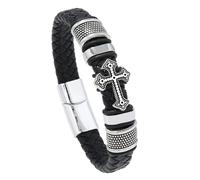 MOTIBACK Men's Christian Cross Leather Bracelet, Handmade Braided Cuff Bracelet with Magnetic Clasp, Religious Faith Bangle for Men, Anniversary Christmas Gifts for Him, Dad, Boyfriend (23cm)