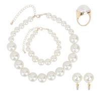 MOTIBACK Pearl Necklaces Jewellery Set, 4 Pcs Chunky Pearl Necklace Earrings Ring Bracelet with Adjustable Chain, Fashion Jewellery Gift for Women Girls Bridal Wedding Prom Birthday