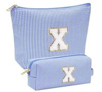 MOTIBACK Personalized Makeup Bag for Women, Large Capacity Initial Cosmetic Toiletry Bag with Zipper Pockets, Travel-Friendly Organizer (Blue, Letters X)