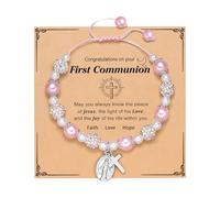 MOTIBACK Pink Pearl & Cross Bracelet for Girls - Adjustable First Holy Communion Jewelry Gift with Card for Christening Easter Confirmation Birthday Wedding Christmas