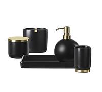 Motifeur Bathroom Accessories Set, 5-Piece Ceramic Bath Accessory Complete Set with Lotion Dispenser/Soap Pump, Cotton Jar, Vanity Tray, Tumbler and Toothbrush Holder (Black and Gold)
