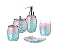 Motifeur Bathroom Accessories Set, 5-Piece Glass Bath Accessory Complete Set with Lotion Dispenser/Soap Pump, Cotton Jar, Soap Dish, Tumbler and Toothbrush Holder (Mermaid)