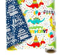 MotiGiftie Dinosaur Reversible Wrapping Paper Boys Girls Colorful Dinosaurs Happy Birthday Cake Design Wrapping Paper for Birthday Party Baby Shower Holiday