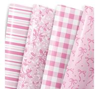 MotiGiftie Pink Wrapping Paper Sheet - 8 Sheets Folded Flat Gift Wrap with Cute Ribbon Bow, Pink Plaid, Stripes and Leaves Design for Girl Baby Shower, Birthday, Wedding - 20 X 28 Inch Per Sheet