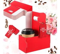 MotiMind 20 Pack 2 Cup Drink Carrier with Handle Kraft Paperboard Cup Holder Portable for Valentine Mother's Day Teachers' Day for Hot Cold Drinks Coffee Caddy with Heart Card Rope (Red)