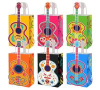 MotiMind 24 Pcs Day of the Dead Party Paper Bags Dia De Los Muertos Favors Bags with Handles Sugar Skull Treat Goodie for Halloween Party Supplies(Guitar Style)
