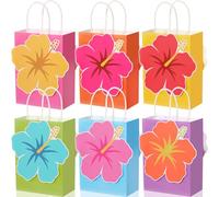 MotiMind 24 Pcs Hibiscus Party Gift Bags Hawaiian Themed Paper with Handles Tropical Party Favors Gift Summer Tiki Luau Treat Goodie Bags Hawaii Birthday Supplies