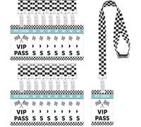 MotiMind 30 Sets Vintage Racing VIP Pass Cards with Checkered Racing Lanyards Bulk PVC Retro Vintage VIP Pass Cards with White and Black Lanyards for Race Car Birthday Party Fast One Party Supplies