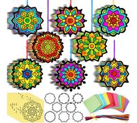 MotiMind 32 Sets Spring Mandala Suncatchers Craft for Adults Easter Holi DIY Stained Glass Kit Mandala Glass Effect Tissue Paper Craft Bulk for Mother's Day Home Party Decoration Gifts Art Activity