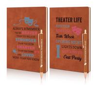 MotiMind 4 Pcs Theater Gifts Funny Theater Actor Gifts Theatre Life Leather Journal Notebook Ballpoint Pen with Quotes Musical Broadway Theatre Lover Gift for Women Men (Brown)